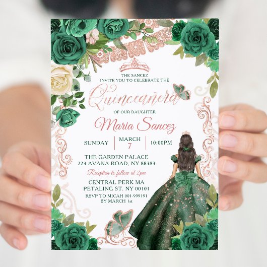 Rose Gold Hunter Green Mexican Floral Quinceñera Einladung