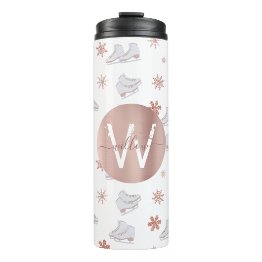 Rose Gold Ice Skate Rosa Skaten Monogram Thermosbecher (Vorderseite)