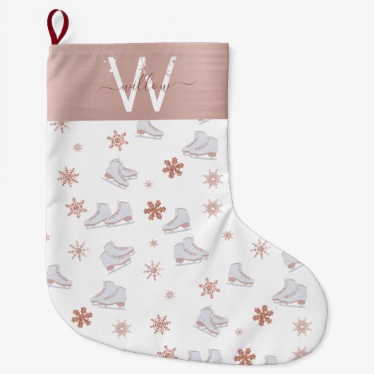 Rose Gold Ice Skates Blush Pink Skating Monogram Großer Weihnachtsstrumpf (Vorderseite)