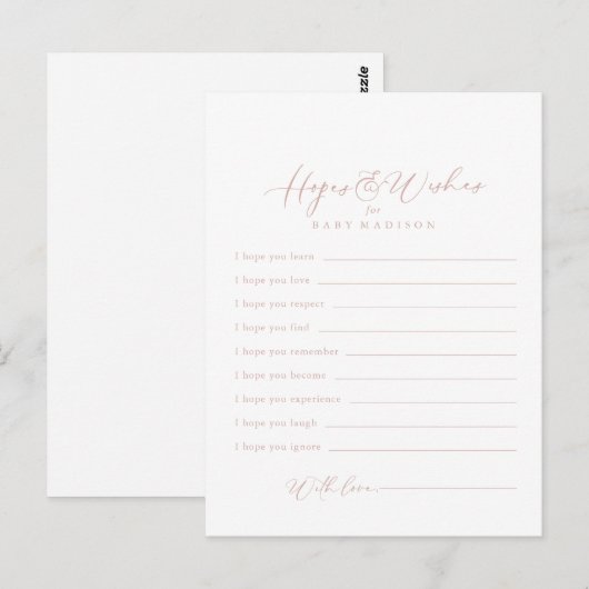 Rose Gold Idyllic Baby Shower Hopps & Wish Card Postkarte (Vorne/Hinten)