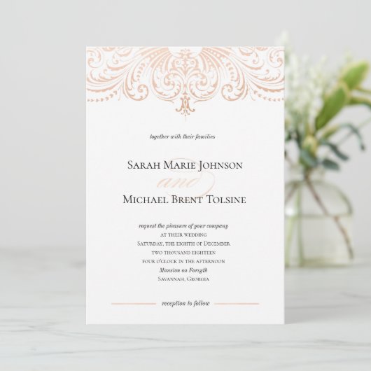 Rose Gold Imitate Foil Boho Chic Hochzeit Einladun Einladung (Stehend Vorderseite)