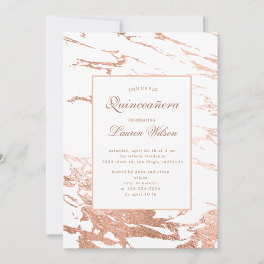 Rose Gold Imitate Folie Marmor Chinanera Einladung (Vorderseite)