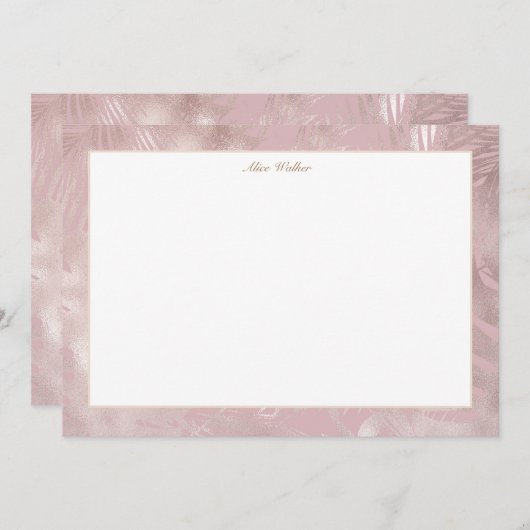 Rose Gold Imitate Folie tropische Blätter Monogram Mitteilungskarte (Vorne/Hinten)