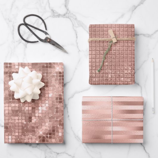 Rose Gold Imitate Fossilienmuseum und Glitzer Geschenkpapier Set (Vorderseite)