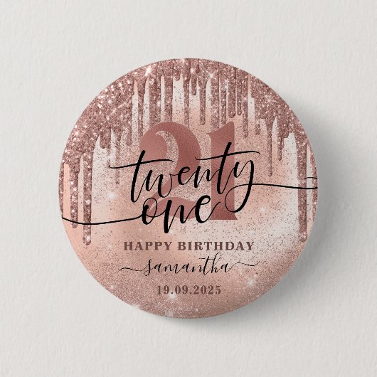 Rose Gold Imitate Glitzer & Foil 21. Geburtstag Button (Vorderseite)