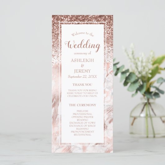 Rose Gold Imitate Glitzer Marble Script Hochzeit Programm (Stehend Vorderseite)