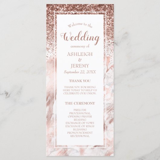 Rose Gold Imitate Glitzer Marble Script Hochzeit Programm (Vorderseite)