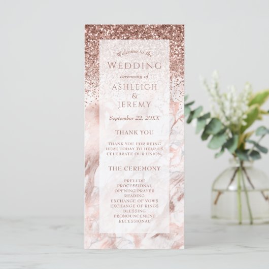 Rose Gold Imitate Glitzer Marble Wedding Programm (Stehend Vorderseite)