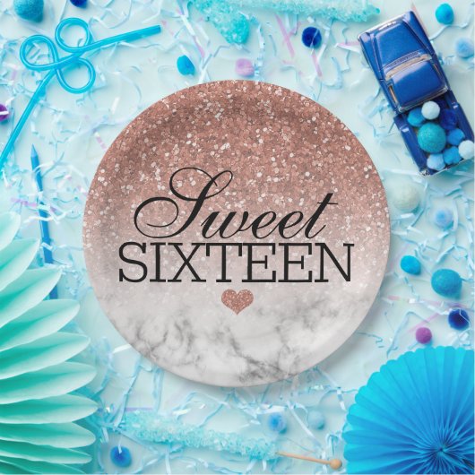 Rose Gold Imitate Glitzer/Marmor Süß 16 Pappteller (Party)