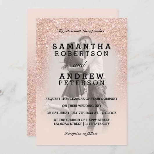 Rose Gold Imitate Glitzer Rosa ombre Foto Hochzeit Einladung (Vorne/Hinten)