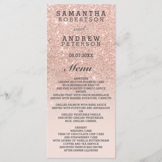 Rose Gold Imitate Glitzer Rosa ombre Hochzeitsmenü Menükarte (Vorderseite)