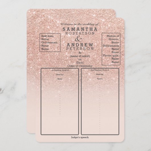 Rose Gold Imitate Glitzer Rosa ombre Hochzeitsprog Einladung (Vorne/Hinten)