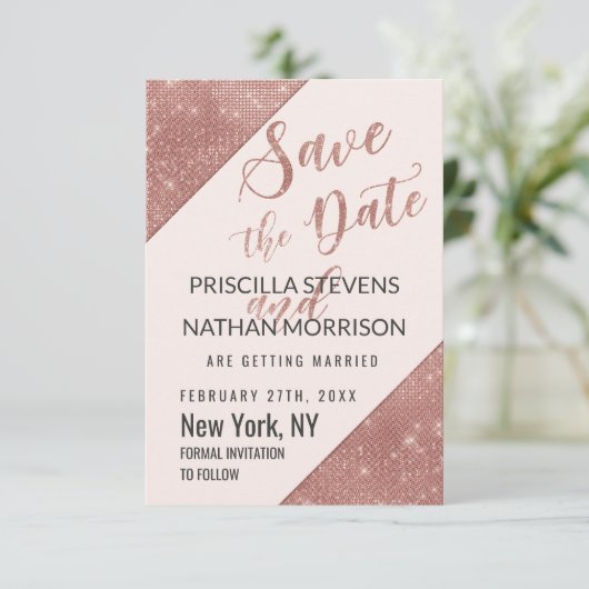 Rose Gold Imitate Glitzer Sequin Rett Datum Save The Date (Stehend Vorderseite)