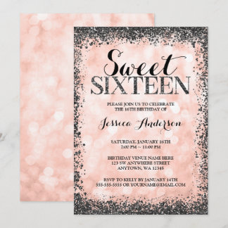 Rose Gold Imitate Schwarzer Glitzer Lights Sweet 1 Einladung