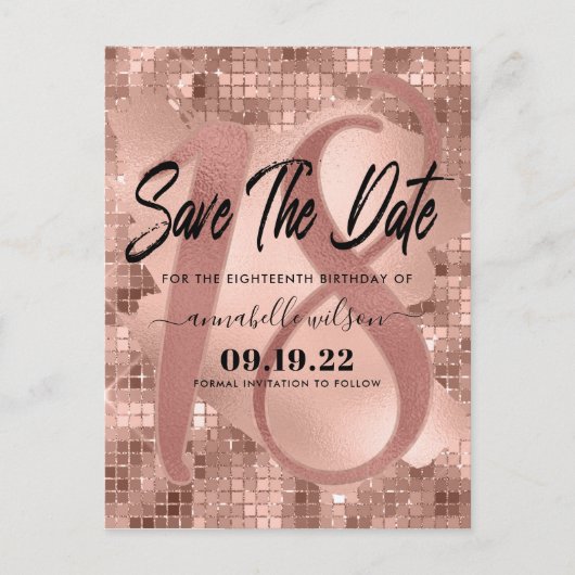 Rose Gold Imitats Foil 18. Geburtstag Save the Dat Postkarte (Vorderseite)