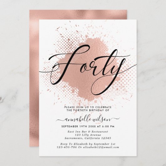 Rose Gold Imitats Foil 40. Geburtstag Einladung (Vorne/Hinten)