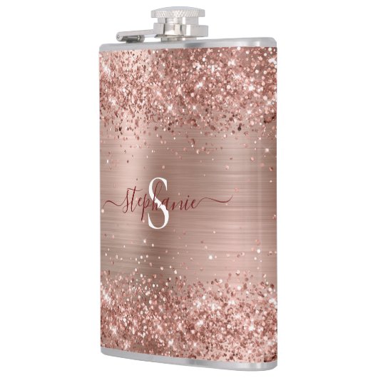 Rose Gold Imitats-Glitzer Girly Glam Monogram Flachmann (Links)