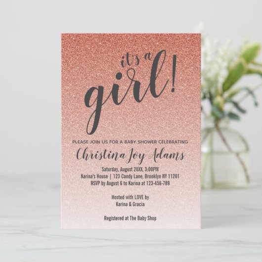 Rose Gold Imitats Glitzer Ombre Girl Babyduschkart Einladung (Stehend Vorderseite)