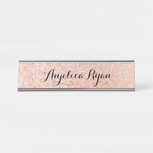Rose Gold Imitats Glitzer Personalisierter Skriptn Schreibtischnamensplakette (Vorderseite )