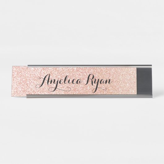 Rose Gold Imitats Glitzer Personalisierter Skriptn Schreibtischnamensplakette (Vorderseite )