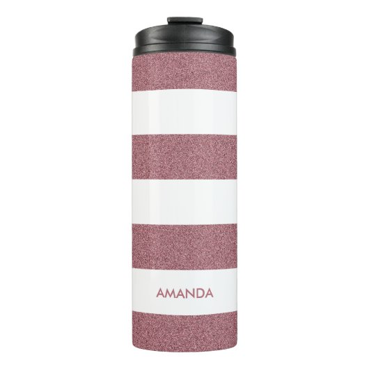 Rose Gold Imitats Glitzer White Strip Ihren Namen  Thermosbecher (Vorderseite)