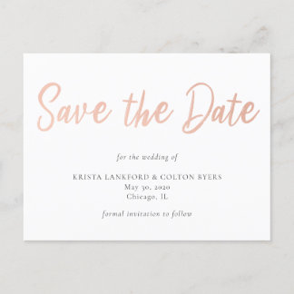 Rose Gold Imitats Save the Date aufdecken Postkarte