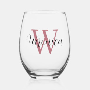 Rose Gold Initial und Black Name   elegant Weinglas Ohne Stiel