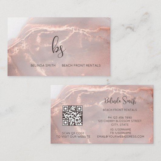 Rose Gold Ink Marble Black Initials Visitenkarte (Vorne/Hinten)