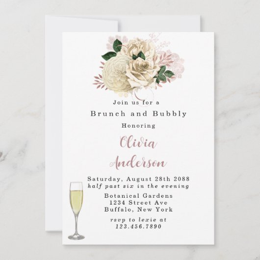 Rose Gold Ivory Rose Glitzer Brunch und Bubbly Inv Einladung (Vorderseite)