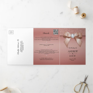 Rose Gold Jewel Gem Bow QR Code Hochzeit Dreifach Gefaltete Einladung
