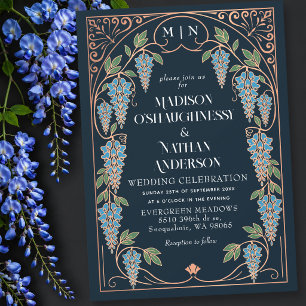 Rose Gold Jugendstil Blaue Wisteria Hochzeit Einladung