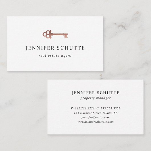 Rose Gold Key Modern Real Anwesen Agent Broker Visitenkarte (Vorne/Hinten)