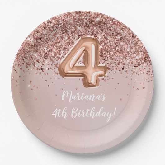 Rose Gold Kids Girl 4. Geburtstag Party Pappteller (Vorderseite)