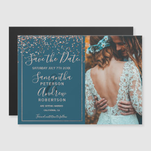 Rose Gold Konfetti aquamarin Save the Date Foto Magnetkarte