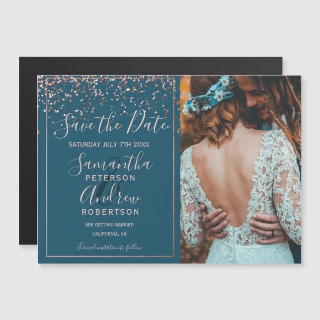 Rose Gold Konfetti aquamarin Save the Date Foto Magnetkarte (Vorne/Hinten)
