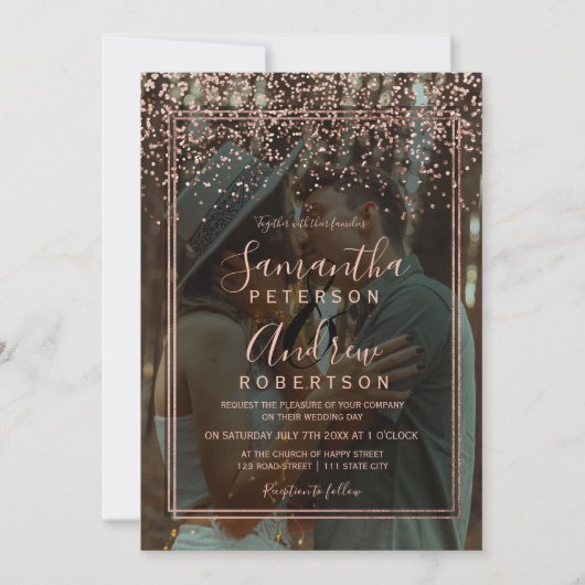 Rose Gold Konfetti Drehbuch Rand Foto Hochzeit Einladung (Vorderseite)