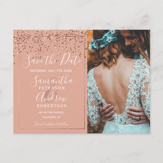 Rose Gold Konfetti Korallen Save the Date Foto Postkarte (Vorderseite)