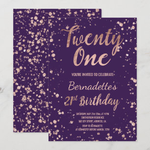 Rose Gold Konfetti lila Spritzer 21. Geburtstag Einladung