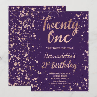 Rose Gold Konfetti lila Spritzer 21. Geburtstag Einladung