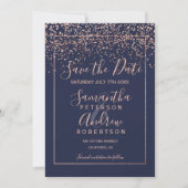 Rose Gold Konfetti Marine Blau Save the Date Hochz (Vorderseite)