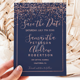 Rose gold Konfetti Marine blaue Schrift Save the D Ankündigungspostkarte