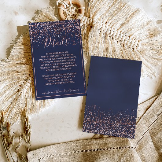 Rose Gold Konfetti Marine blaue Typografie Details Begleitkarte