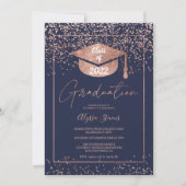 Rose gold Konfetti Marine Blue Script Abschluss Einladung (Vorderseite)