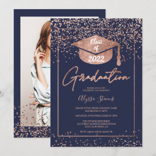 Rose gold Konfetti Marine Blue Script Abschluss Einladung