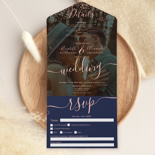 Rose Gold Konfetti Marine Blue Script Foto Hochzei All In One Einladung