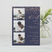 Rose Gold Konfetti Marine Initialen Fotos Hochzeit Einladung (Stehend Vorderseite)