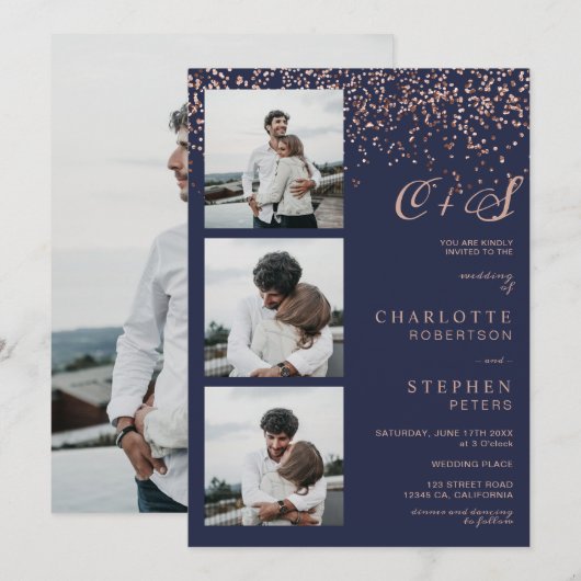 Rose Gold Konfetti Marine Initialen Fotos Hochzeit Einladung (Vorne/Hinten)