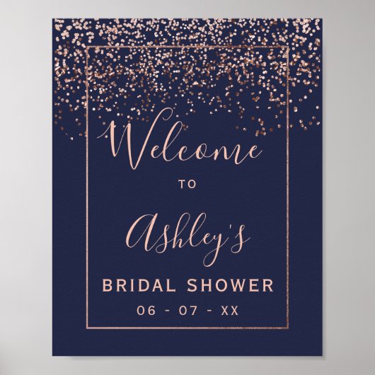 Rose Gold Konfetti Marineblau Brautparty Empfang Poster (Vorne)