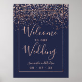 Rose Gold Konfetti Marineblau Hochzeitsempfang Poster (Vorne)