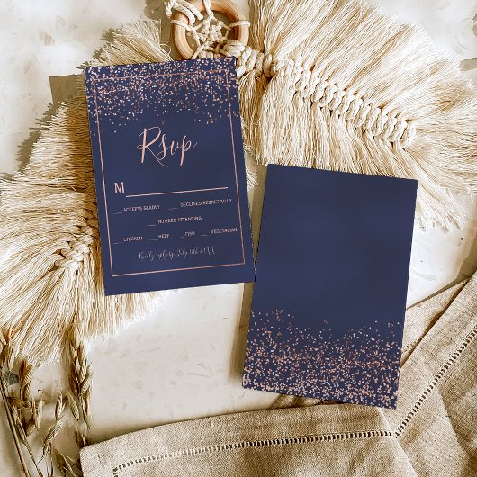 Rose gold Konfetti marineblaue Typografie uAwg RSVP Karte